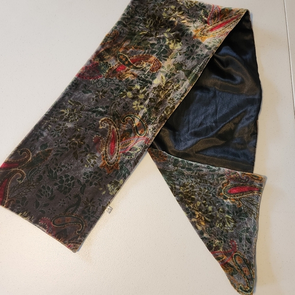 Vintage Silk 90s Black Velvet Scarf Orange Floral Brocade 1990s Goth Paisley - Picture 4 of 4